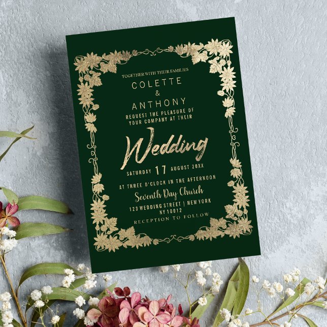 Glam forest green gold floral frame border Wedding Invitation (Glam forest green gold floral frame border Wedding )