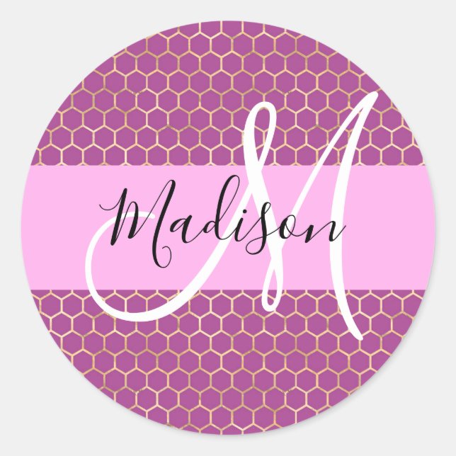 Glam Fuchsia Metallic Pink Honeycomb Monogram Name Classic Round Sticker (Front)