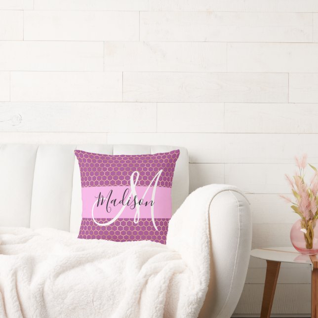 Glam Fuchsia Metallic Pink Honeycomb Monogram Name Cushion (Couch)