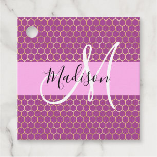 Glam Fuchsia Metallic Pink Honeycomb Monogram Name Favour Tags