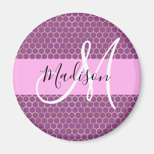 Glam Fuchsia Metallic Pink Honeycomb Monogram Name Magnet (Front)