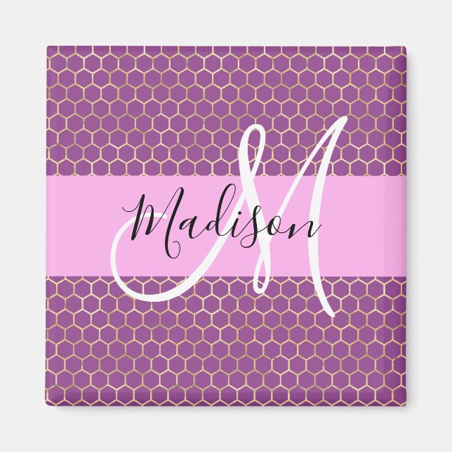 Glam Fuchsia Metallic Pink Honeycomb Monogram Name Magnet (Front)