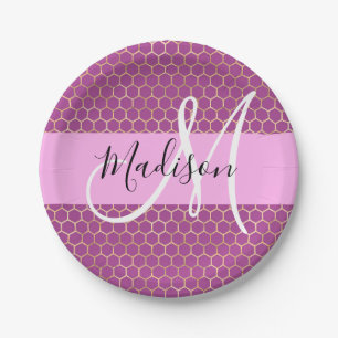 Glam Fuchsia Metallic Pink Honeycomb Monogram Name Paper Plate