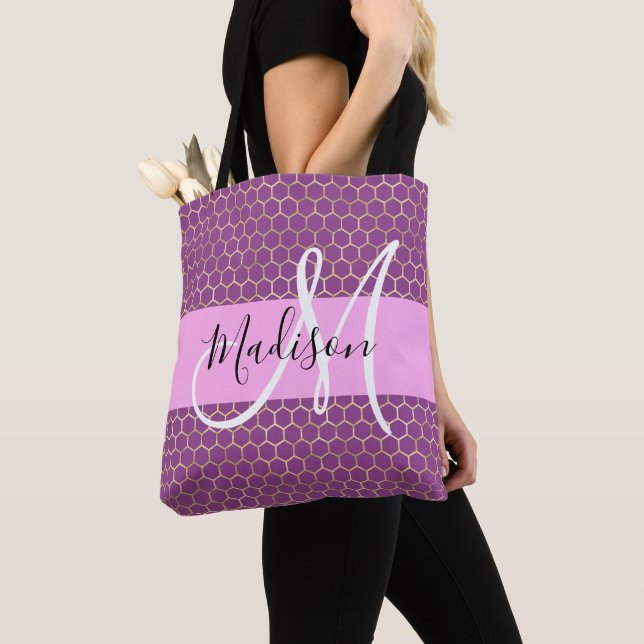 Glam Fuchsia Metallic Pink Honeycomb Monogram Name Tote Bag (Close Up)
