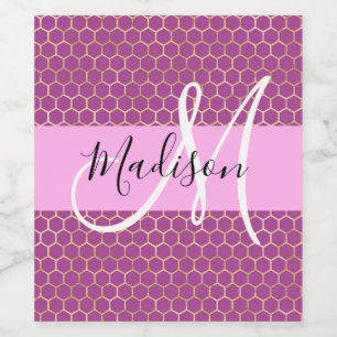 Glam Fuchsia Metallic Pink Honeycomb Monogram Name Wine Label