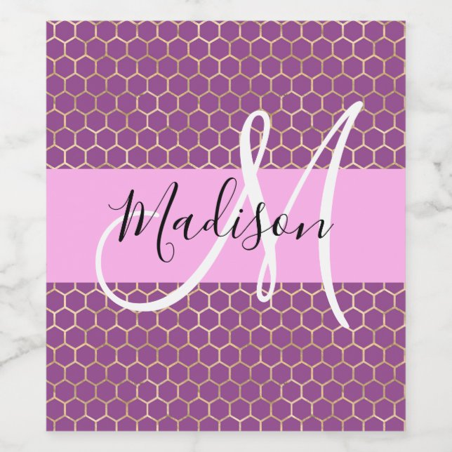 Glam Fuchsia Metallic Pink Honeycomb Monogram Name Wine Label (Single Label)