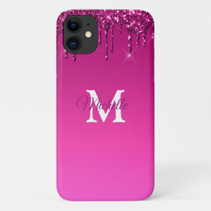Glam & Fuchsia Ombre Glitter Personalised Monogram iPhone 11 Case
