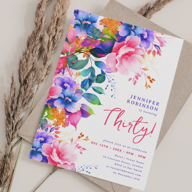 Glam Garden Watercolor Floral 30th Birthday  Invitation (Glam Garden Watercolor Floral 30th Birthday Invitation)