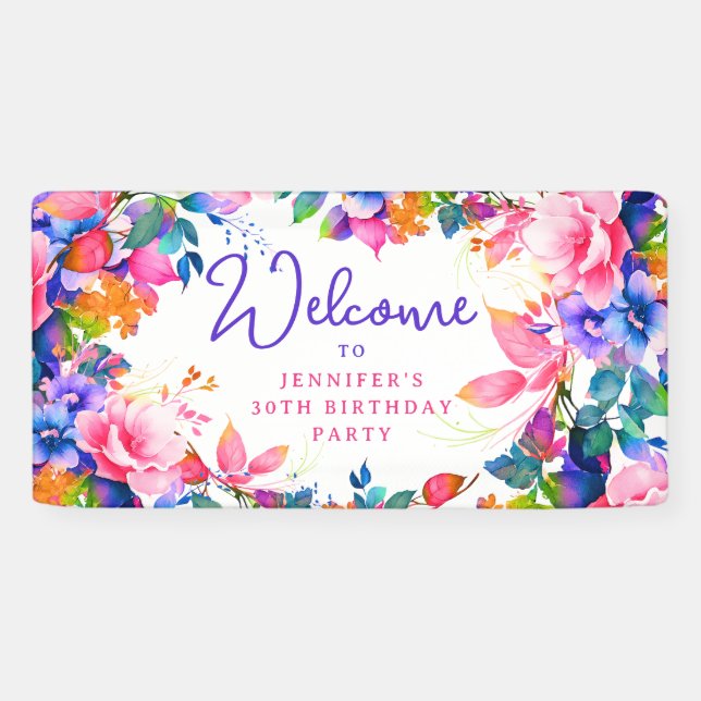 Glam Garden Watercolor Floral 30th Birthday Party Banner (Horizontal)