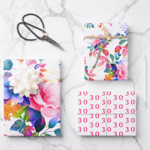 Glam Garden Watercolor Floral 30th Birthday  Wrapping Paper Sheet