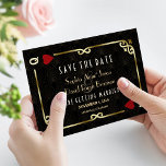 Glam Gatsby Casino Las Vegas Poker Wedding Save The Date<br><div class="desc">Unique Casino Royale and Great Gatsby themed card design. It features vintage art deco style, a Roaring 1920's old Hollywood broken frame with faux gold foil Fleur-de-lis, red hearts, Q and K on two corners (simulating playing cards). On the back faux gold Art Deco pattern, initials and playing cards suits....</div>