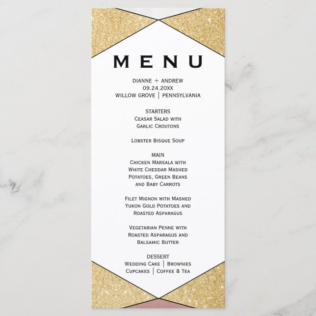 Glam Geometric Diamond Dinner Menu Card (Front)
