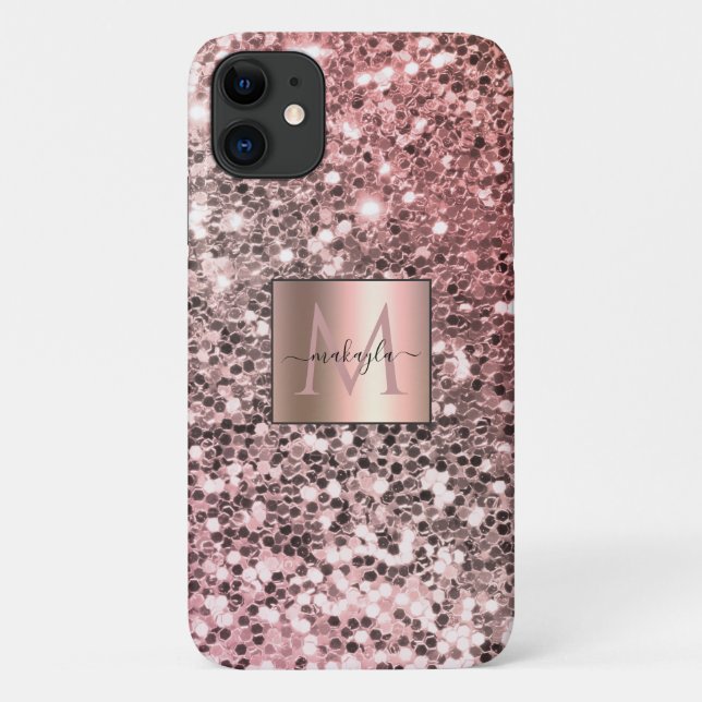 Glam Girly Blush Pink Gitter Design Name Monogram Case-Mate iPhone Case (Back)