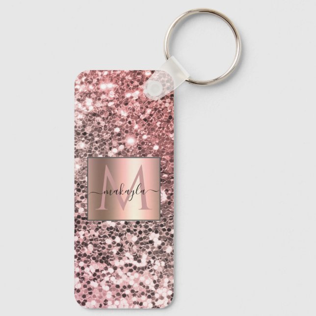 Glam Girly Blush Pink Gitter Design Name Monogram Key Ring (Back)