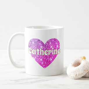 Glam Girly Hot Pink Glitter Heart Name  Coffee Mug