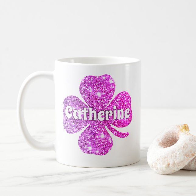 Glam Girly Hot Pink Glitter Lucky Clover Name  Coffee Mug (With Donut)