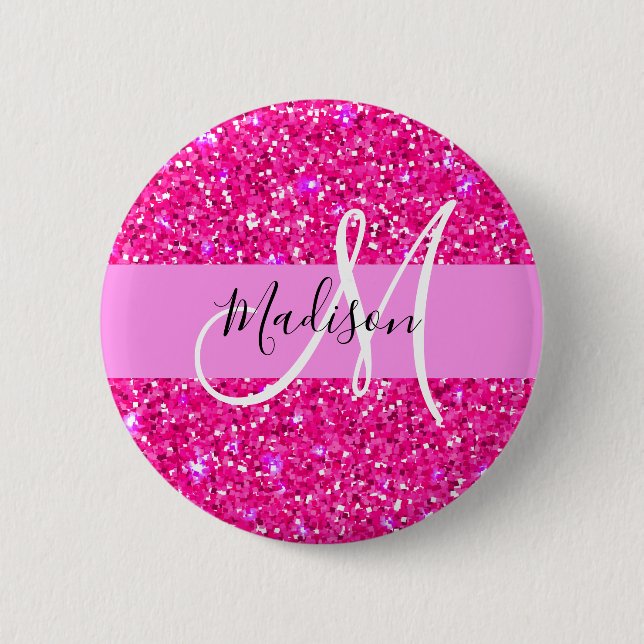 Glam Girly Hot Pink Glitter Sparkles Name Monogram 6 Cm Round Badge (Front)