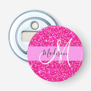 Glam Girly Hot Pink Glitter Sparkles Name Monogram Bottle Opener