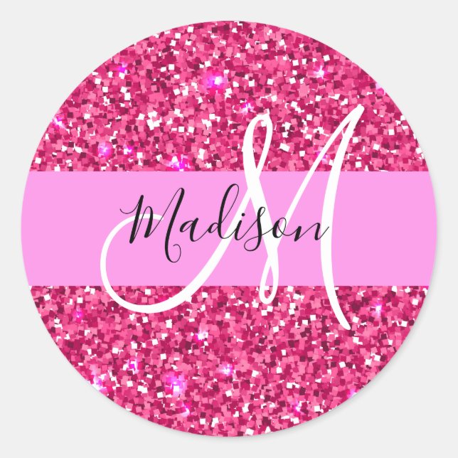 Glam Girly Hot Pink Glitter Sparkles Name Monogram Classic Round Sticker (Front)