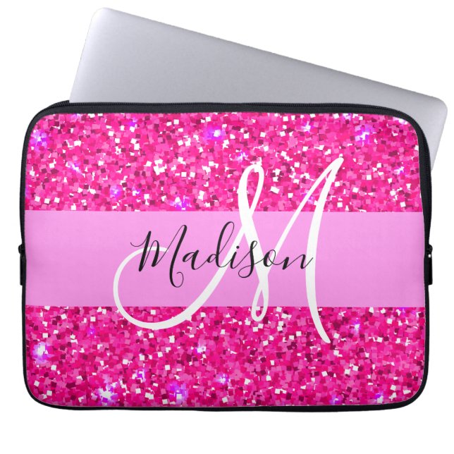 Glam Girly Hot Pink Glitter Sparkles Name Monogram Laptop Sleeve (Front)