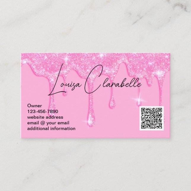 Glam Girly Pink Glitter Drips Add QR Code Business Card (Front)