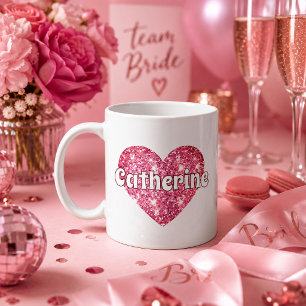 Glam Girly Pink Glitter Heart Name Coffee Mug
