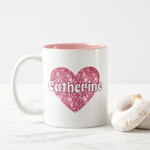 Glam Girly Pink Glitter Heart Name  Two-Tone Coffee Mug