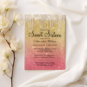 Glam girly pink gold ombre glitter drips Sweet 16  Invitation