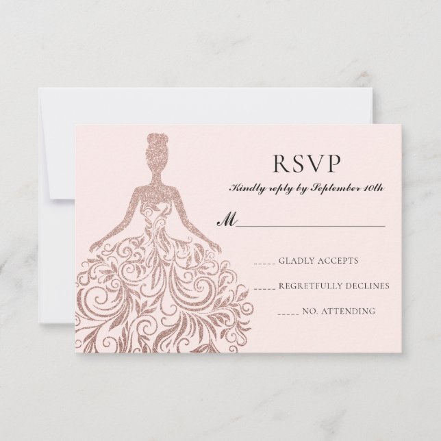 Glam Girly Pink Rose Gold Glitter Sparkle Dress RSVP Card (Front)