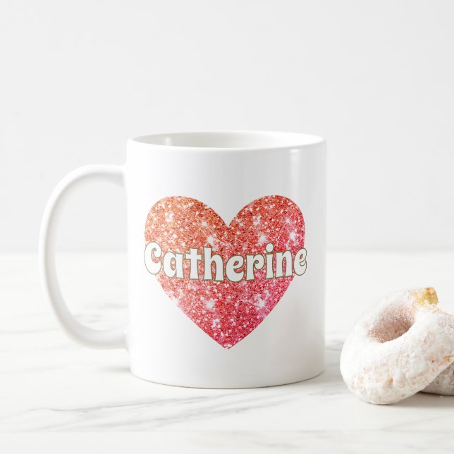 Glam Girly Red Glitter Heart Name  Coffee Mug (With Donut)