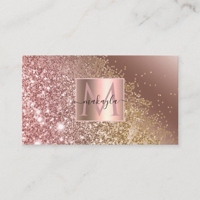 Glam Girly Rose Gold Gitter Design Name Monogram Business Card (Front)