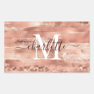 Glam Girly Rose Gold Glitter Foil Monogram Name Rectangular Sticker