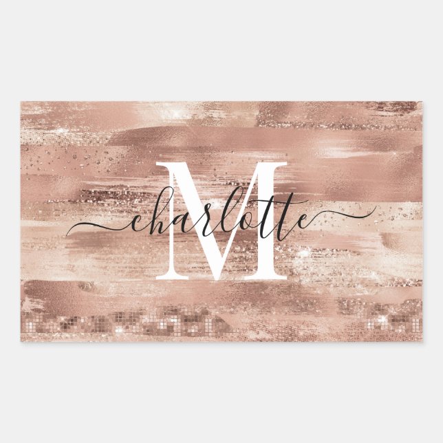 Glam Girly Rose Gold Glitter Foil Monogram Name Rectangular Sticker (Front)