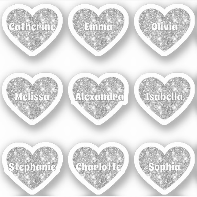 Glam Girly Silver Glitter Hearts Names Pack (Front)