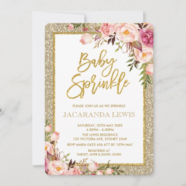 Glam Glitter Blush Pink Floral Baby Shower Invite (Front)