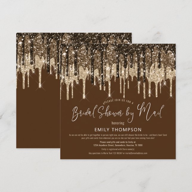 Glam Glitter Drip Gold Brown Bridal Shower by Mail Invitation (Front/Back)