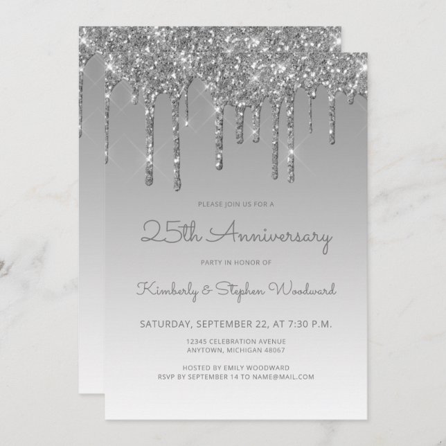 Glam Glitter Drip Silver 25th Anniversary Party Invitation (Front/Back)