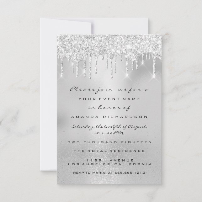 Glam Glitter Drips Grey Silver  Bridal Sweet 16th Invitation (Front)