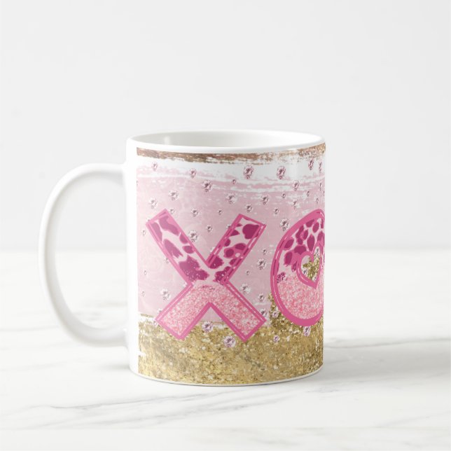 Glam Glitter Gold Pink Luxe XOXO Valentines Coffee Mug (Left)