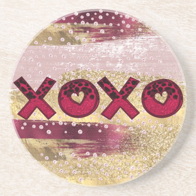 Glam Glitter Gold Red Luxe XOXO Valentines Coaster (Front)