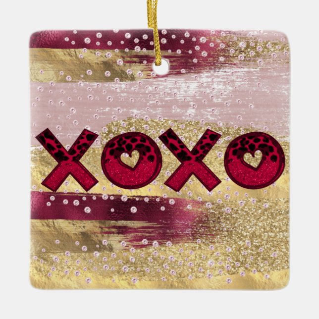 Glam Glitter Gold Red Luxe XOXO Valentines Photo Ceramic Ornament (Front)