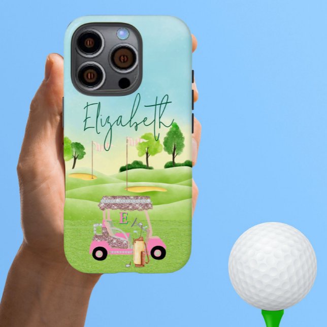 Glam Glitter Lady Golfer Pink Cart Clubs Monogram  Case-Mate iPhone Case (Creator Uploaded)