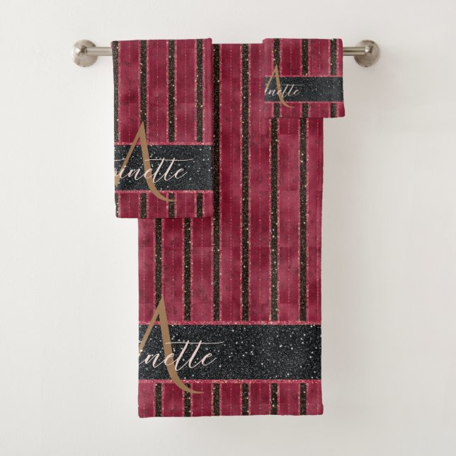 Glam Glitter Monogrammed Name Burgundy Red Bath Towel Set (Insitu)