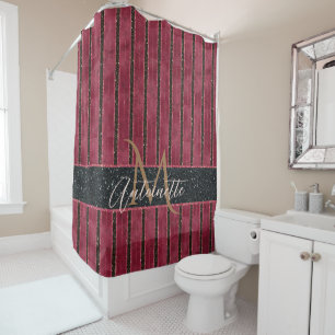 Glam Glitter Monogrammed Name Burgundy Red Shower Curtain