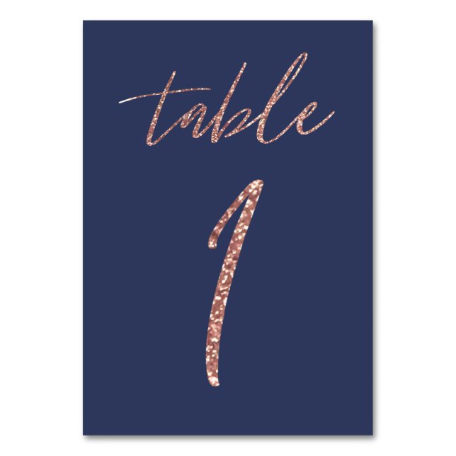 Glam Glitter Rose Gold and Blue Wedding Table Number (Front)