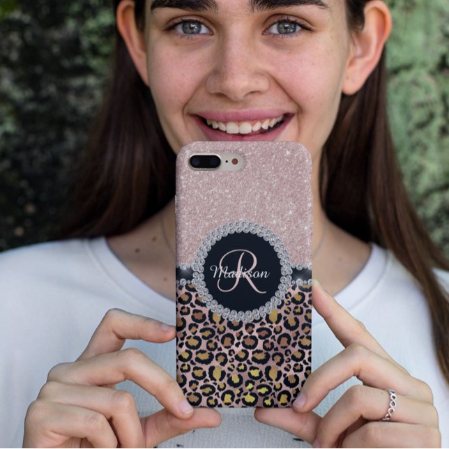 Glam Glitter Rose Gold Diamond Monogram Leopard Case-Mate iPhone Case (Creator Uploaded)