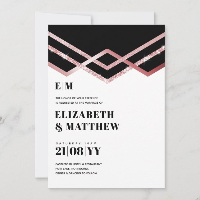 Glam Glitter Rosegold Black Deco Wedding Invite (Front)