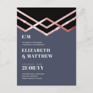 Glam Glitter Rosegold Black Deco Wedding Invite Postcard