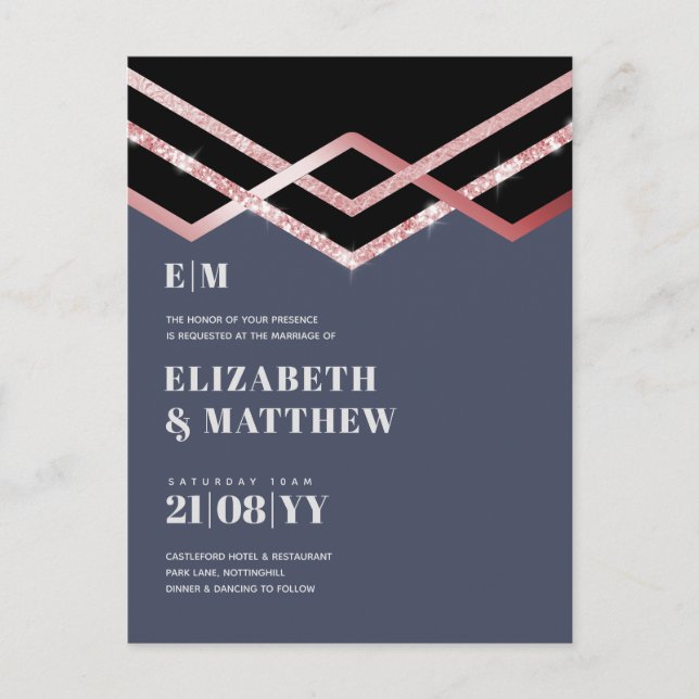 Glam Glitter Rosegold Black Deco Wedding Invite Postcard (Front)