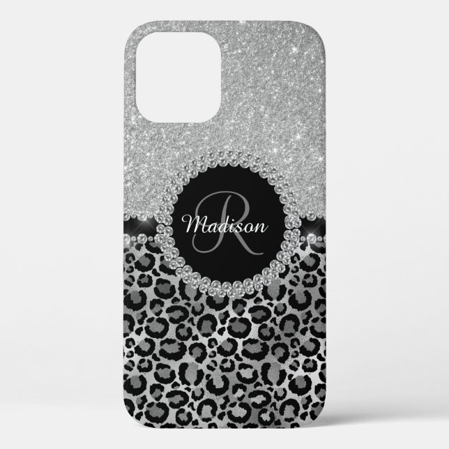 Glam Glitter Silver Diamond Monogram Leopard Case-Mate iPhone Case (Back)